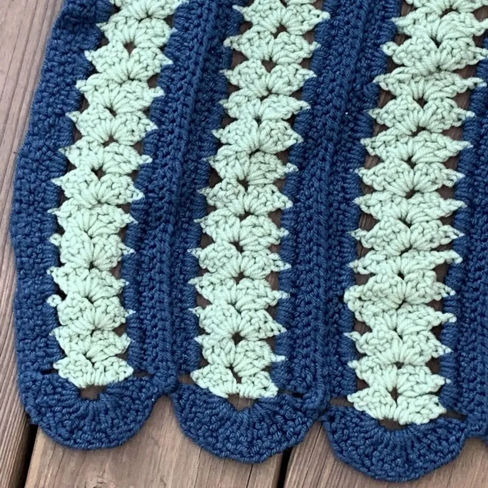 Vintage Crocheted Afghan Blanket Navy Blue Muted Green 65” x 46” Rounded Ends